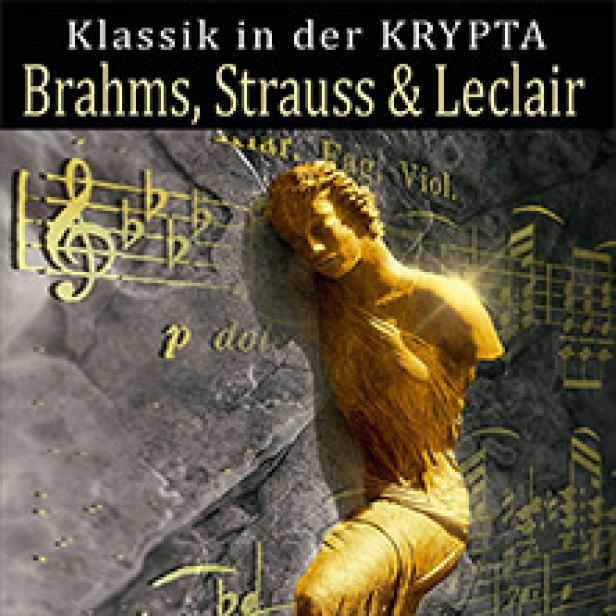 Das Cover zeigt eine Statue vor Notenblättern für „Klassik in der Krypta: Brahms, Strauss & Leclair“.