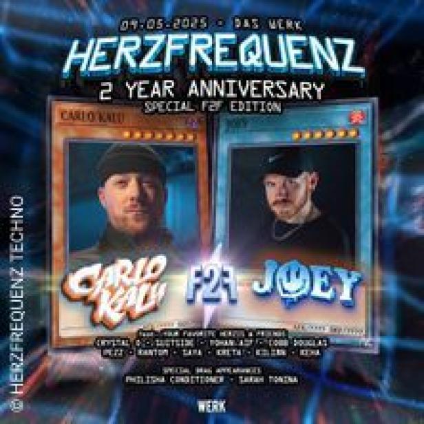 Ein Werbeplakat für „Herzfrequenz Techno“ mit Carlo Kal und Joey für das 2-jährige Jubiläum.