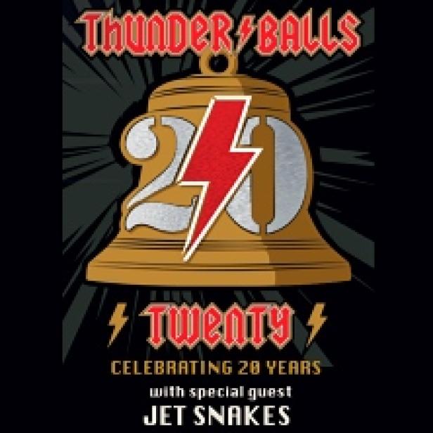 Ein goldenes Glöckchen mit der Zahl 20 und einem Blitz darauf, feiert 20 Jahre Thunderballs mit Jet Snakes.