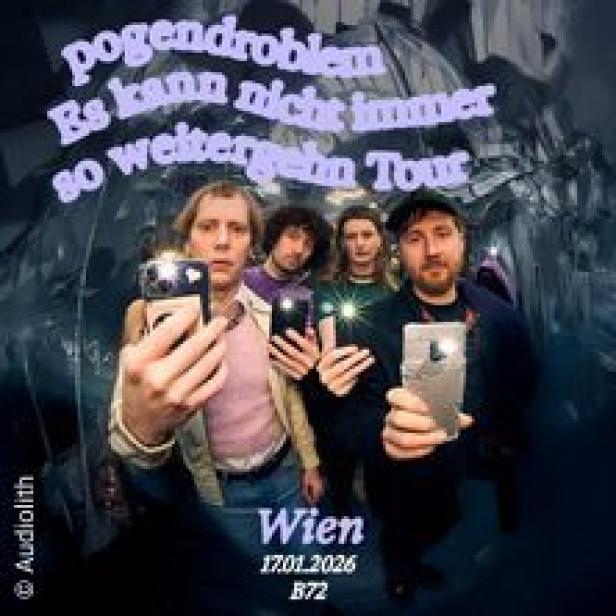 Das Cover der „Es kann nicht immer so weitergehen Tour“ von Pogendroblem zeigt die Band mit Handys vor einem dunklen Hintergrund.