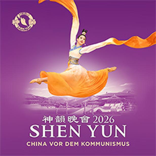 Eine Tänzerin in traditioneller chinesischer Kleidung mit einem orangefarbenen Tuch vor einem lila Hintergrund mit dem Schriftzug „Shen Yun 2026“.