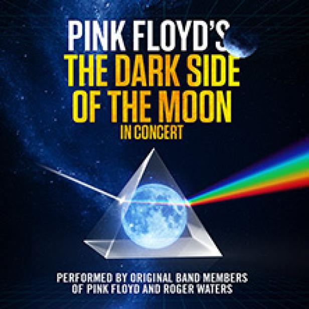 Das Cover für „The Dark Side of the Moon in Concert“ von Pink Floyd zeigt ein Prisma und einen Regenbogen.