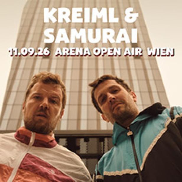 Ein Werbeplakat für Kreiml & Samurai, die am 11.09.26 in der Arena Open Air Wien auftreten.