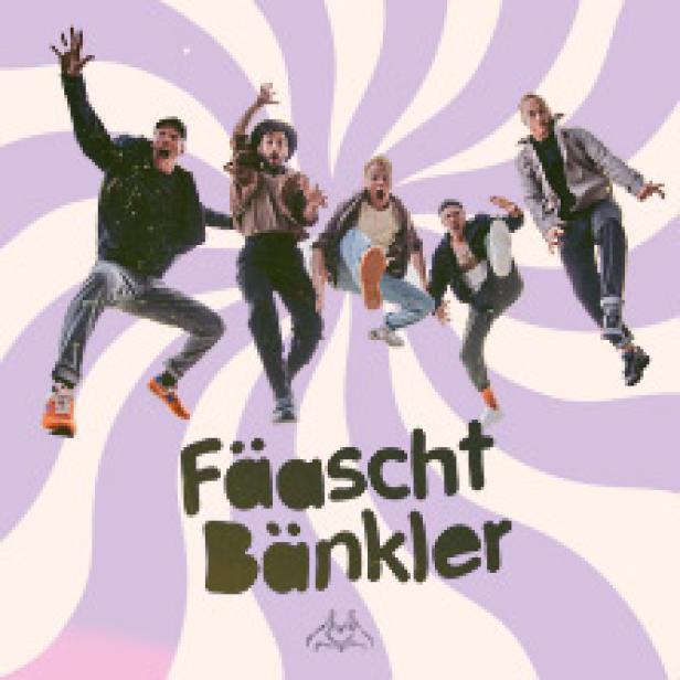 Fünf Männer springen vor einem psychedelischen Hintergrund in die Luft. Im Vordergrund steht der Bandname „Fäascht Bänkler“.