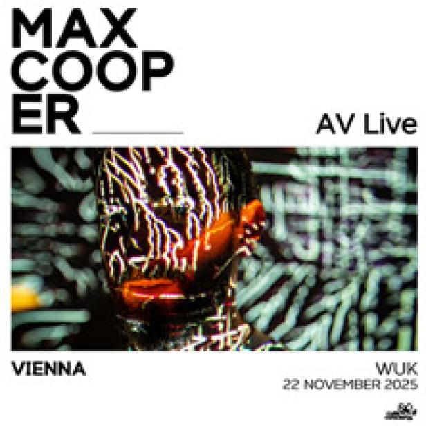 Ein Porträt von Max Cooper, überlagert mit abstrakten, leuchtenden Linien, die ein AV Live-Event in Wien ankündigen.