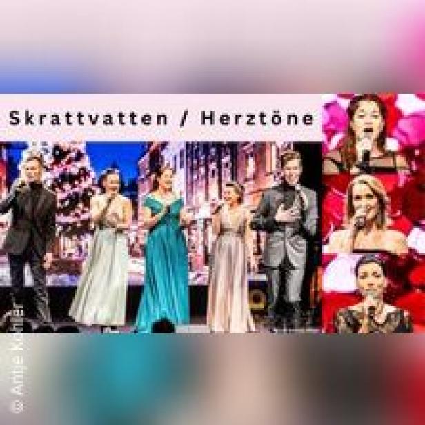 Die Musikgruppen Skrattvatten und Herztöne treten gemeinsam auf einer Bühne auf.