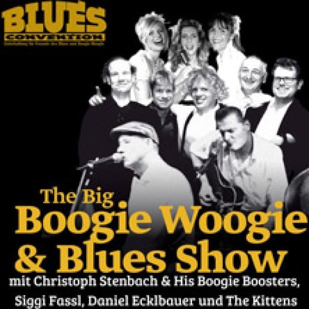 Ein Werbeplakat für „The Big Boogie Woogie & Blues Show“ mit mehreren Musikern.