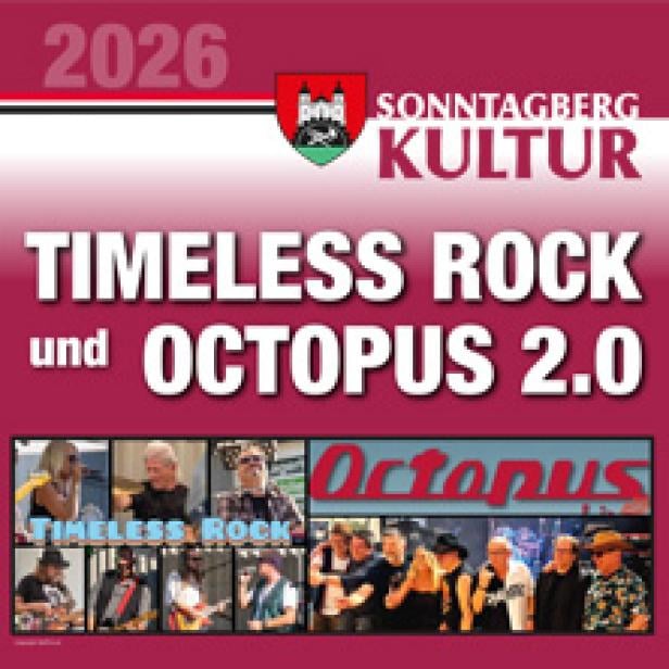 Ein Werbeplakat für „Timeless Rock und Octopus 2.0“ im Jahr 2026 in Sonntagberg Kultur.