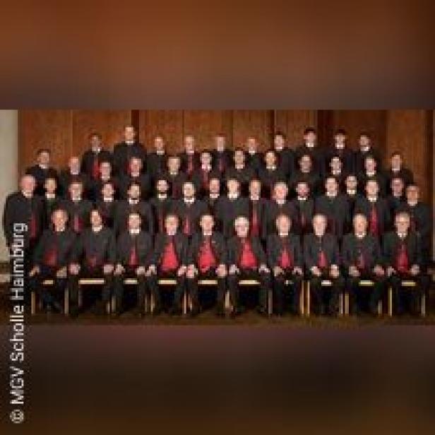 Ein großer Männerchor in schwarzer Kleidung mit roten Akzenten sitzt für ein Gruppenfoto.