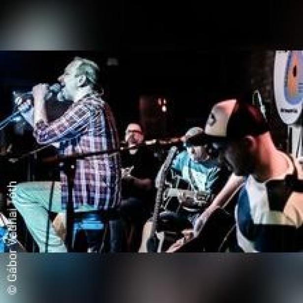 Eine Band tritt live auf der Bühne auf, der Sänger singt ins Mikrofon.