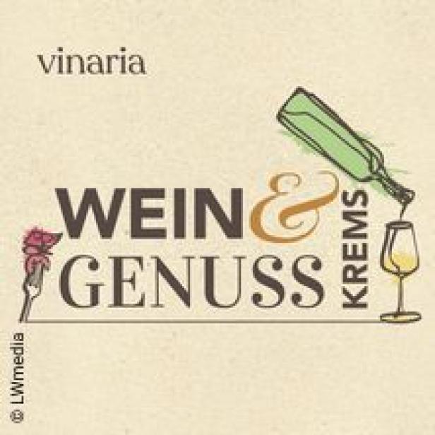 Ein Logo für „Wein & Genuss Krems“ mit einer Weinflasche und einem Weinglas.