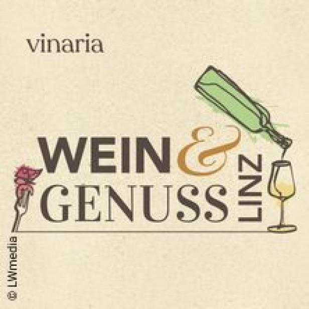 Das Logo der „Vinaria Wein & Genuss Linz“ Veranstaltung mit Weinflasche und -glas.