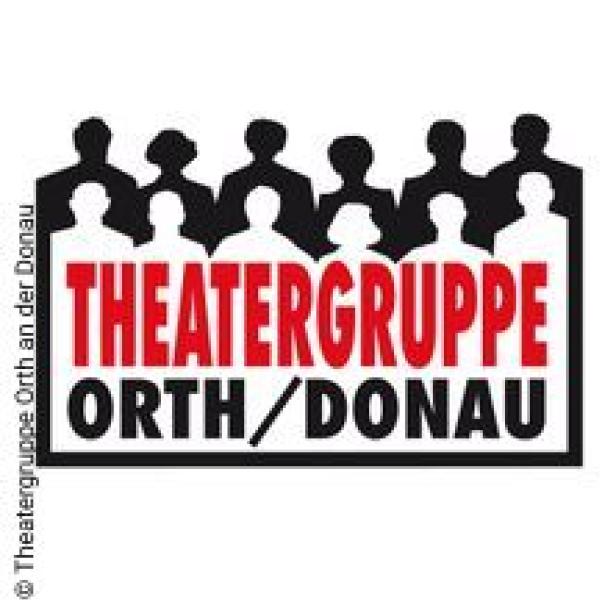 Logo der Theatergruppe Orth/Donau mit stilisierter Personengruppe im Hintergrund.