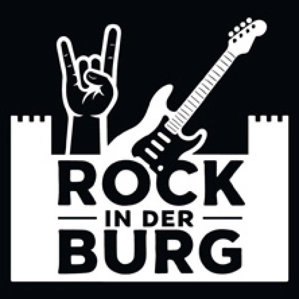 Ein Logo für „Rock in der Burg“ mit einer Gitarre und einer Hand, die das Pommesgabel-Zeichen macht.