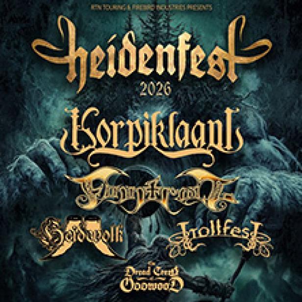 Ein Werbeplakat für das „Heidenfest 2026“ mit den Bands Korpiklaani, Finntroll, Saltatio Mortis und Trollfest.