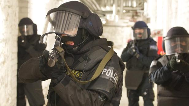 Mehrere Polizisten in voller Montur zielen mit ihren Waffen.