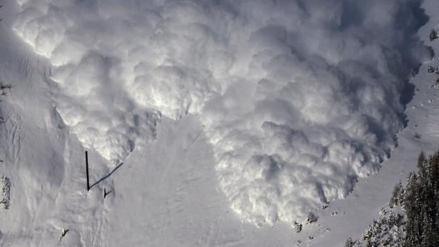 Eine Lawine ergießt sich über einen schneebedeckten Berghang.