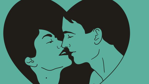 Ein Paar in einer herzförmigen Illustration, kurz vor einem Kuss.