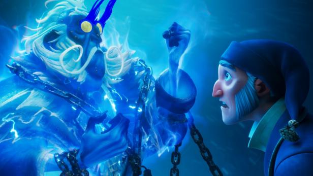 Ebenezer Scrooge begegnet dem Geist von Jacob Marley, der in Ketten gehüllt ist.