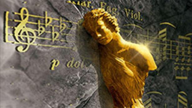 Das Cover zeigt eine Statue vor Notenblättern für „Klassik in der Krypta: Brahms, Strauss & Leclair“.