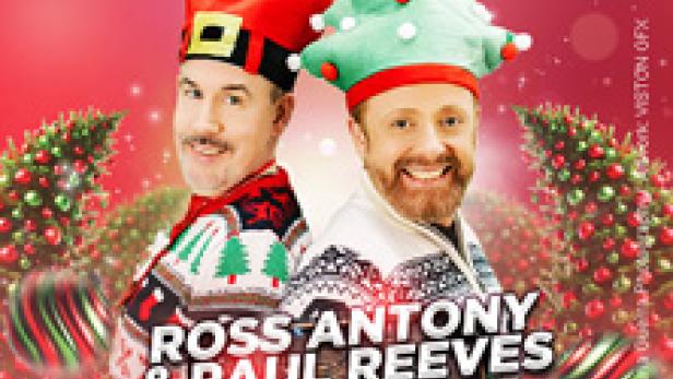 Ross Antony und Paul Reeves mit Weihnachtsmützen werben für „Unser lustiges Weihnachten“.