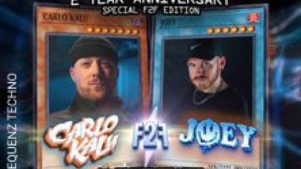 Ein Werbeplakat für „Herzfrequenz Techno“ mit Carlo Kal und Joey für das 2-jährige Jubiläum.