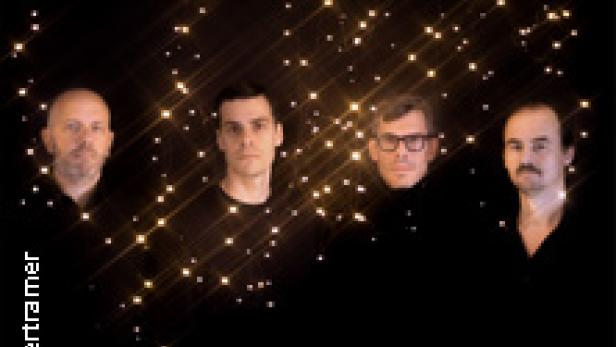 Vier Männer posieren vor einem dunklen Hintergrund mit goldenen Lichtern.