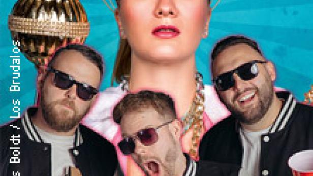 Ein Bandfoto von Los Brudalos mit einer Frau im Zentrum und drei Männern mit Sonnenbrillen im Vordergrund.