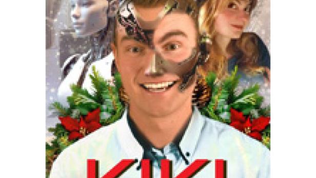 Das Filmplakat für das Sci-Fi-Weihnachtsmusical „Kiki“ zeigt einen Mann mit einer Robotergesichtshälfte.