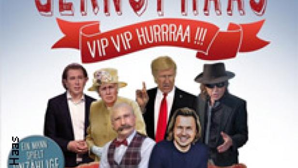 Das Bühnenbild der Comedy-Show von und mit Gernot Haas zeigt ihn und mehrere Prominente auf einem roten Sofa.