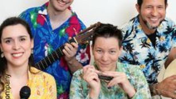 Eine vierköpfige Band in bunten Hemden lächelt in die Kamera.
