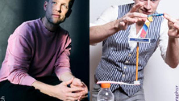 Ein Mann im rosa Pullover und ein Zauberer mit einer schwebenden Konstruktion aus einer Flasche und einem Propeller.