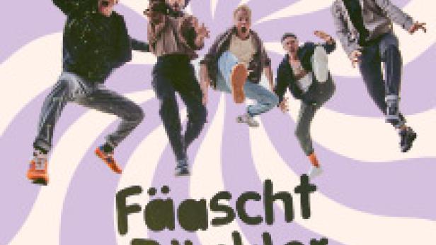 Fünf Männer springen vor einem psychedelischen Hintergrund in die Luft. Im Vordergrund steht der Bandname „Fäascht Bänkler“.