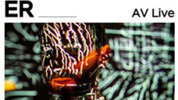 Ein Porträt von Max Cooper, überlagert mit abstrakten, leuchtenden Linien, die ein AV Live-Event in Wien ankündigen.