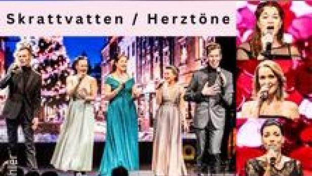 Die Musikgruppen Skrattvatten und Herztöne treten gemeinsam auf einer Bühne auf.