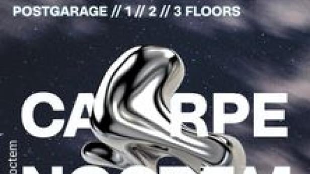 Ein Veranstaltungsplakat für „Carpe Noctem“ mit Techno, Trance, DNB und Hardgroove auf drei Floors.