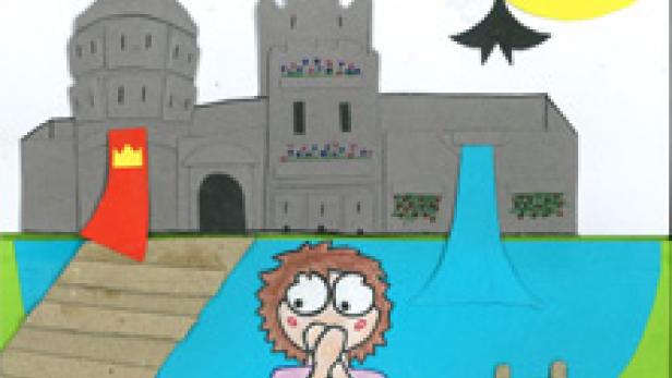Das Cover des Kinderspiels „Stibitzt“ mit einer Burg und einer Comicfigur.