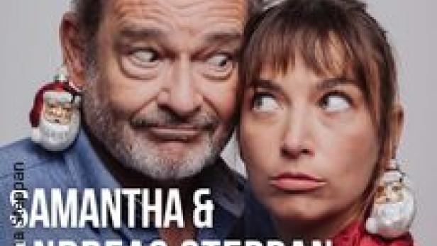 Samantha und Andreas Steppan mit Weihnachtsmann-Ohrringen blicken zur Seite.