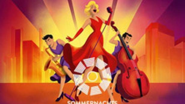 Plakat für das Musical „Sugar – Manche mögen’s heiß“ mit drei Darstellern vor einer Stadtkulisse.