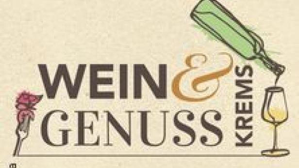 Ein Logo für „Wein & Genuss Krems“ mit einer Weinflasche und einem Weinglas.