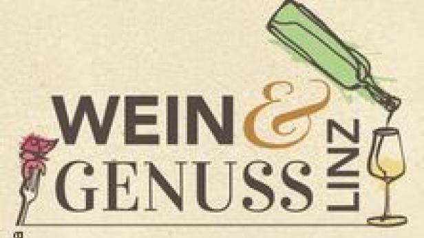 Das Logo der „Vinaria Wein & Genuss Linz“ Veranstaltung mit Weinflasche und -glas.