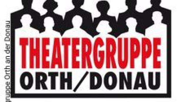 Logo der Theatergruppe Orth/Donau mit stilisierter Personengruppe im Hintergrund.