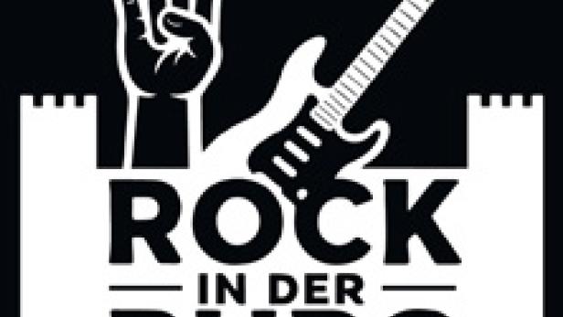 Ein Logo für „Rock in der Burg“ mit einer Gitarre und einer Hand, die das Pommesgabel-Zeichen macht.
