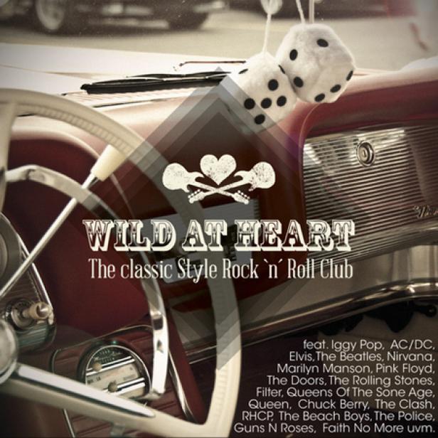 Das Interieur eines Oldtimers mit dem Schriftzug „Wild At Heart“ und einer Liste von Rockbands.