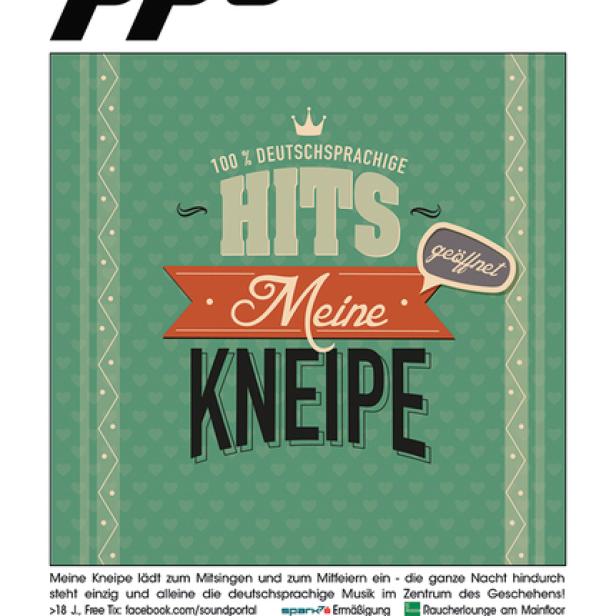 Werbeplakat für „Meine Kneipe“ mit dem Slogan „100% deutschsprachige Hits“.