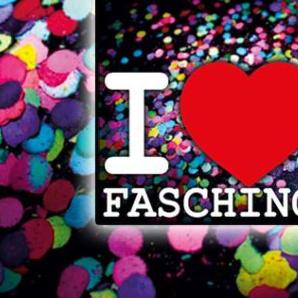 Konfetti und der Schriftzug „I ❤️ Fasching“.