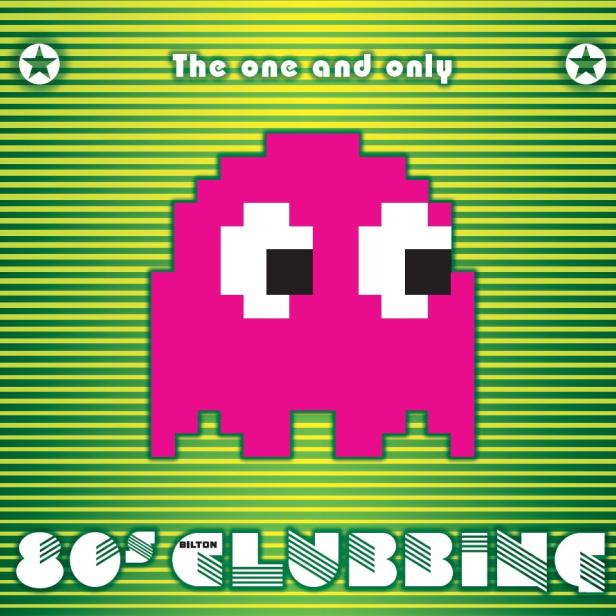 Ein pinkfarbenes Pixel-Geist-Design für eine 80er-Jahre-Party.
