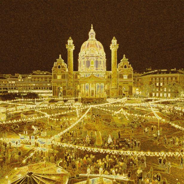 Der Dresdner Striezelmarkt mit der Frauenkirche im Hintergrund bei Nacht.
