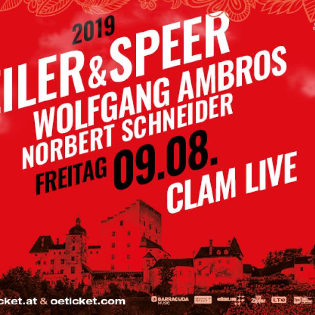 Plakat für Clam Live 2019 mit Seiler & Speer, EAV, Wolfgang Ambros und Norbert Schneider am 9. August.