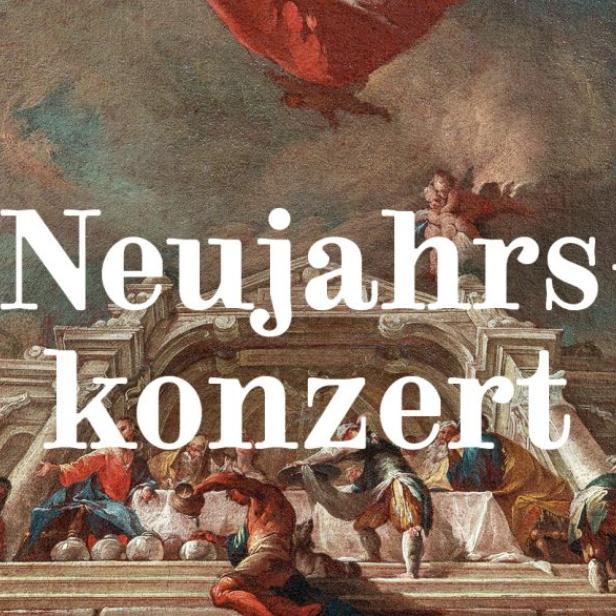 Gemälde mit dem Schriftzug „Neujahrskonzert“ vor einer barocken Szene.